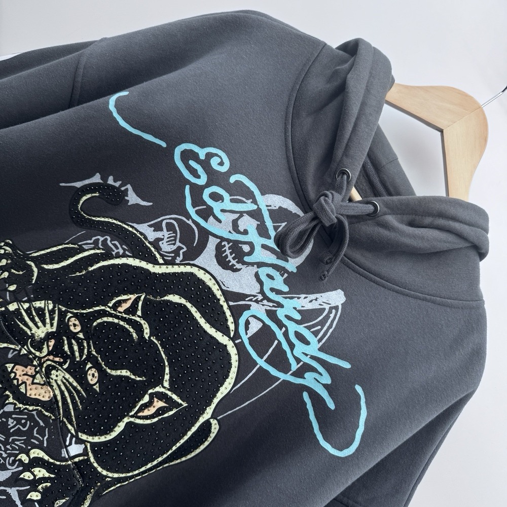 Ed Hardy Panther Hoodie Mens 2XL Sunfade Grey Rhinestone Death Flame Graphic